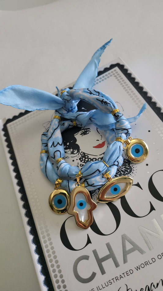 Golden Rebel – Light Blue Bandana Bracelet with Evil Eye Charm