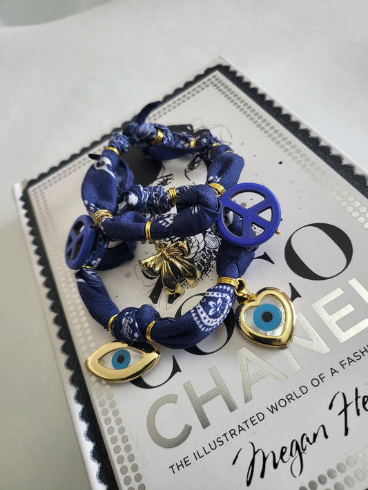 Golden Rebel – Blue Bandana Bracelet with Peace Charms