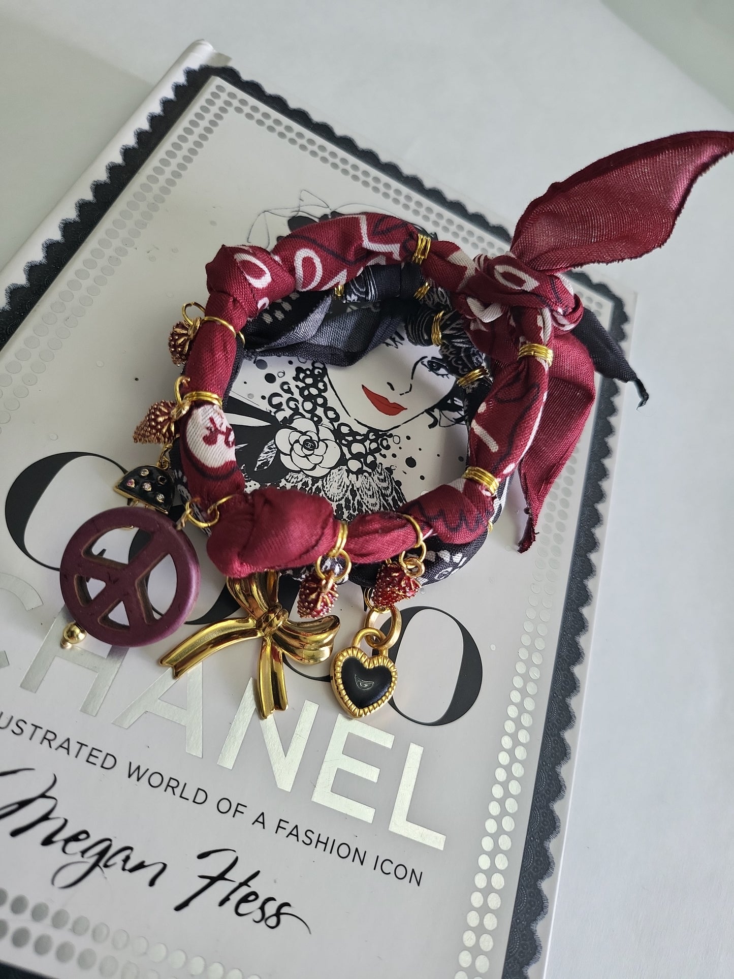 Golden Rebel – Red Bandana Bracelet with Peace Charms